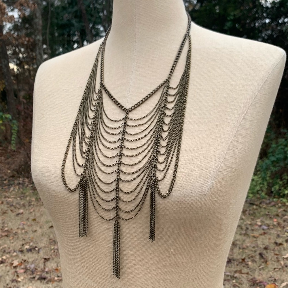 Symmetrical Chain Draped Tassel Necklace - Picture 3 of 6